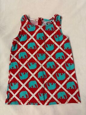 Girls' Casual Red Dress with Teal Elephant Print
